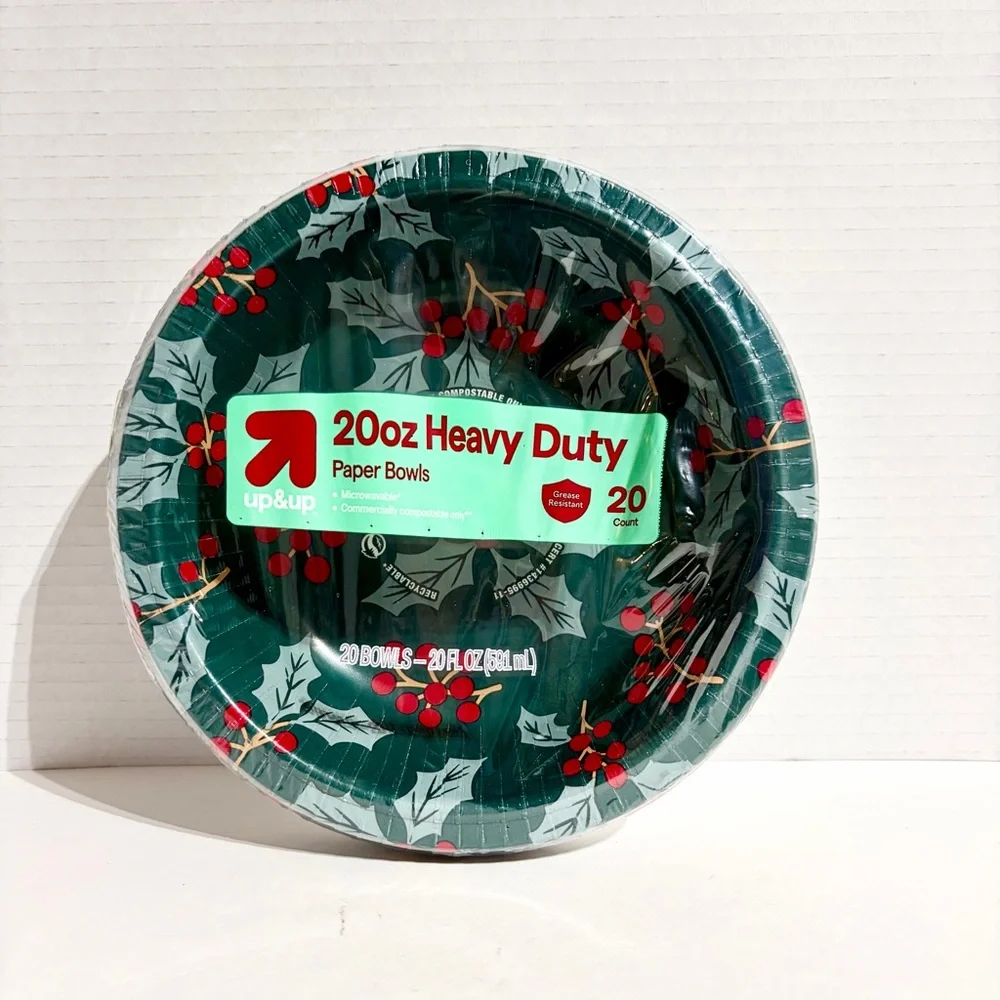 Up&Up Paper Bowls 20oz Heavy Duty 20ct Green Holly Berry Holiday Christmas  NEW